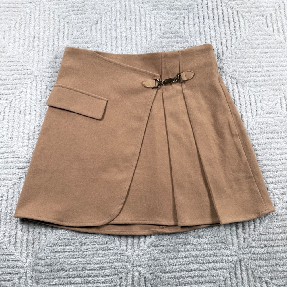 Commense Pleated Wrap Mini Skirt Womens S Tan K-Pop Academia Chic Quiet Luxury